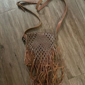 Brown Fringe Spanish Leather Woven Crossbody Bag